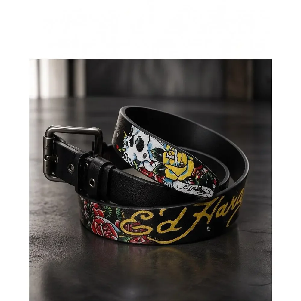 Ed Hardy Skulls & Roses Printed Black Belt With Rivet Studs Mens Size 40